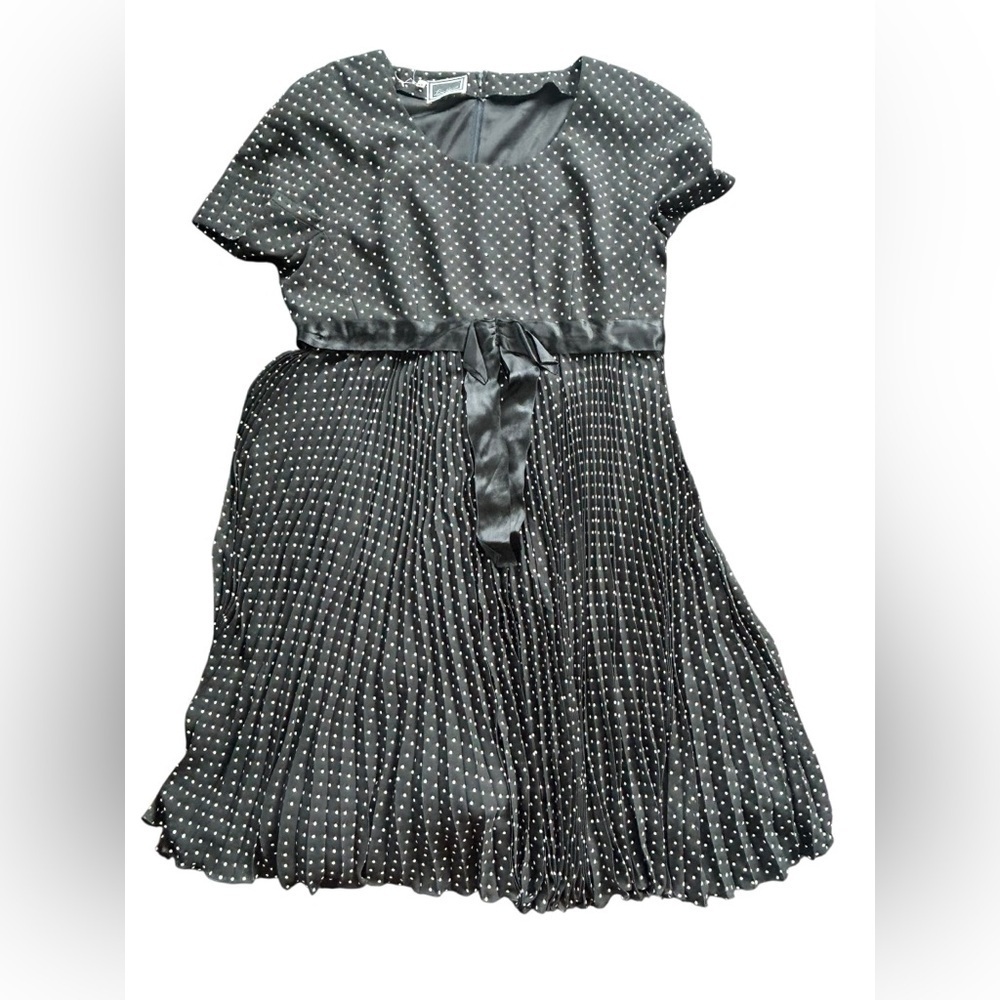 Vintage Luisa Spagnoli Black Polka Dot Pleated‎ Midi Dress with Satin Waist Tie